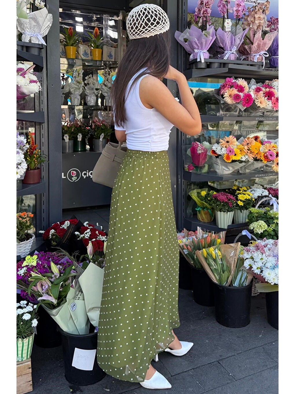 Haki Minimal Puantiye Desen Şifon Astarlı Etek Mg2821-4