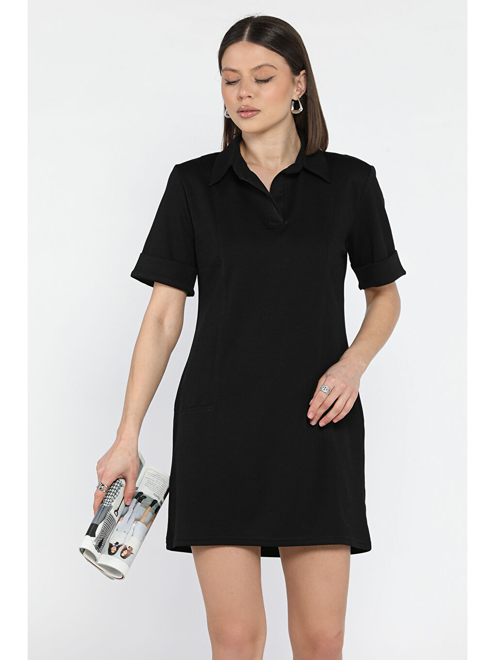 Siyah Polo Yaka Duble Kol Kadın Elbise-1