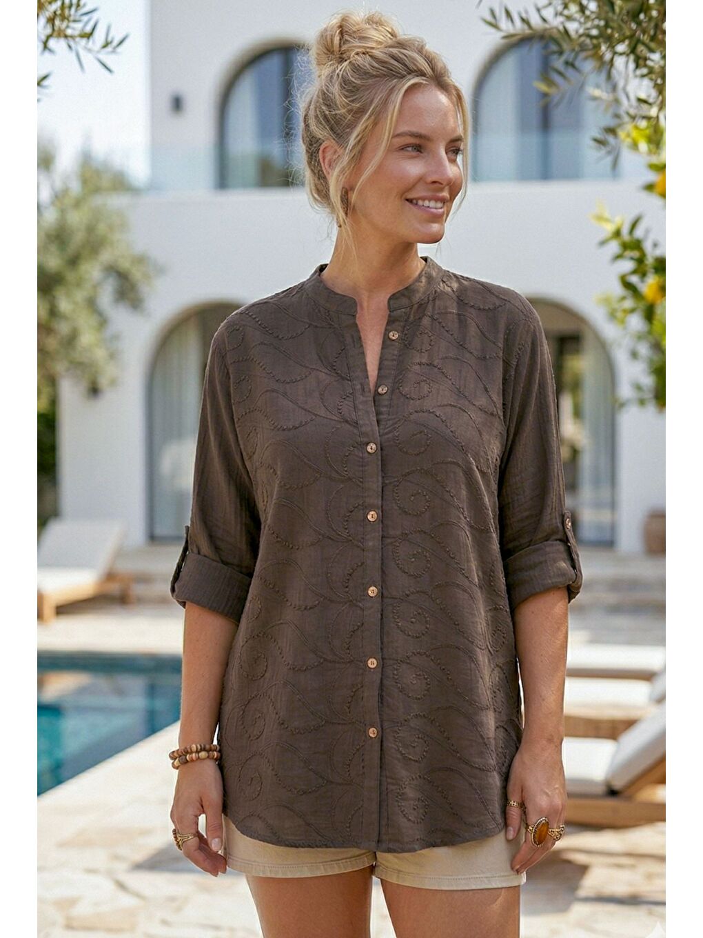 Kahverengi Hakim Yaka Düğmeli Uzun Kollu Düğmeli Casual Müslin Dokuma Gömlek 75 63-1