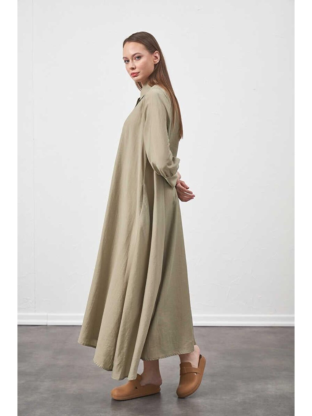 Yeşil A Pile Ekstra Salaş Modal Elbise Çağla-3