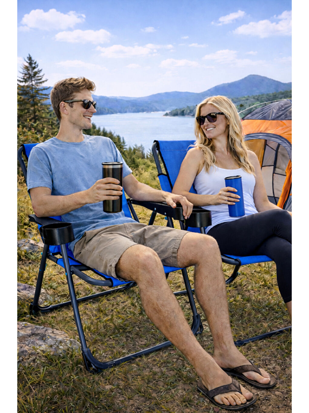 Katlanır Kamp Sandalyesi Çİft Taraf Bardaklı Piknik Sandalyesi Lacivert-1