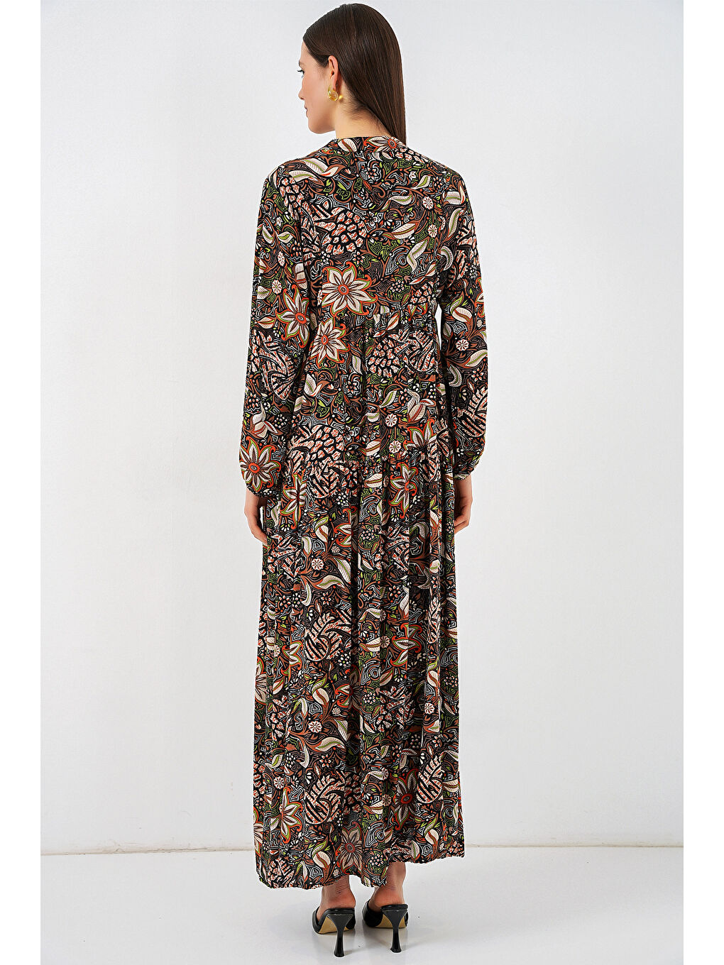 Kadın Desenli Uzun Tesettür Elbise 2585 - L. Siyah-5