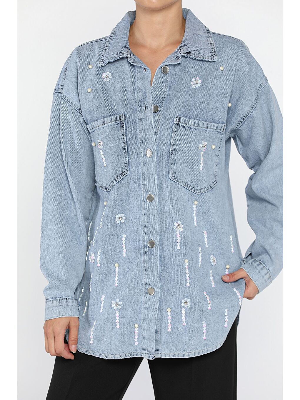Mavi Kadın Çift Cepli Taş Ve Pul İşlemeli Jean Ceket-2