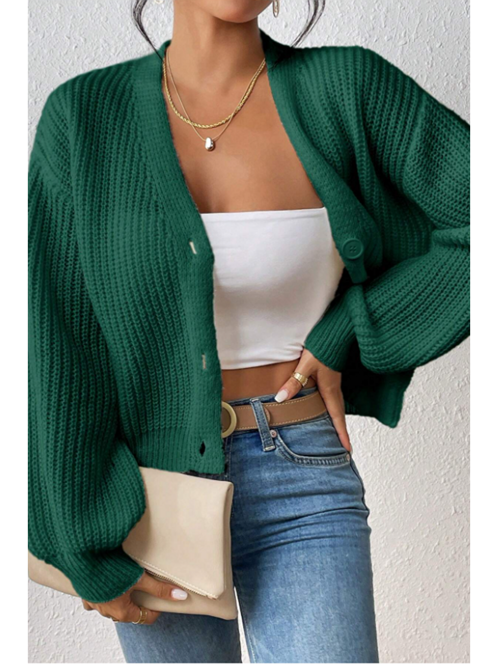 Kadın Yeşil V Yaka  Uzun Kollu Düğmeli Triko Hırka-1