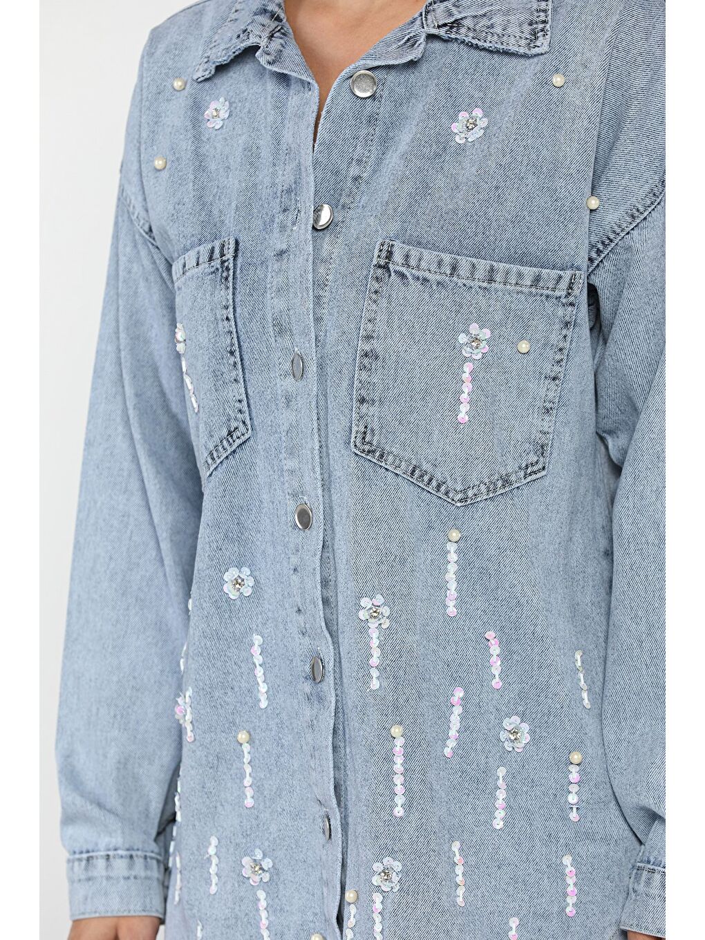 Mavi Kadın Çift Cepli Taş Ve Pul İşlemeli Jean Ceket-3