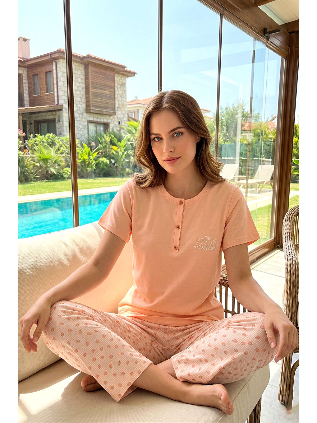 Kadın Kısa Kol Compakt Penye Kumaş Pamuklu Pijama Takımı 90783-4077 Turuncu-1