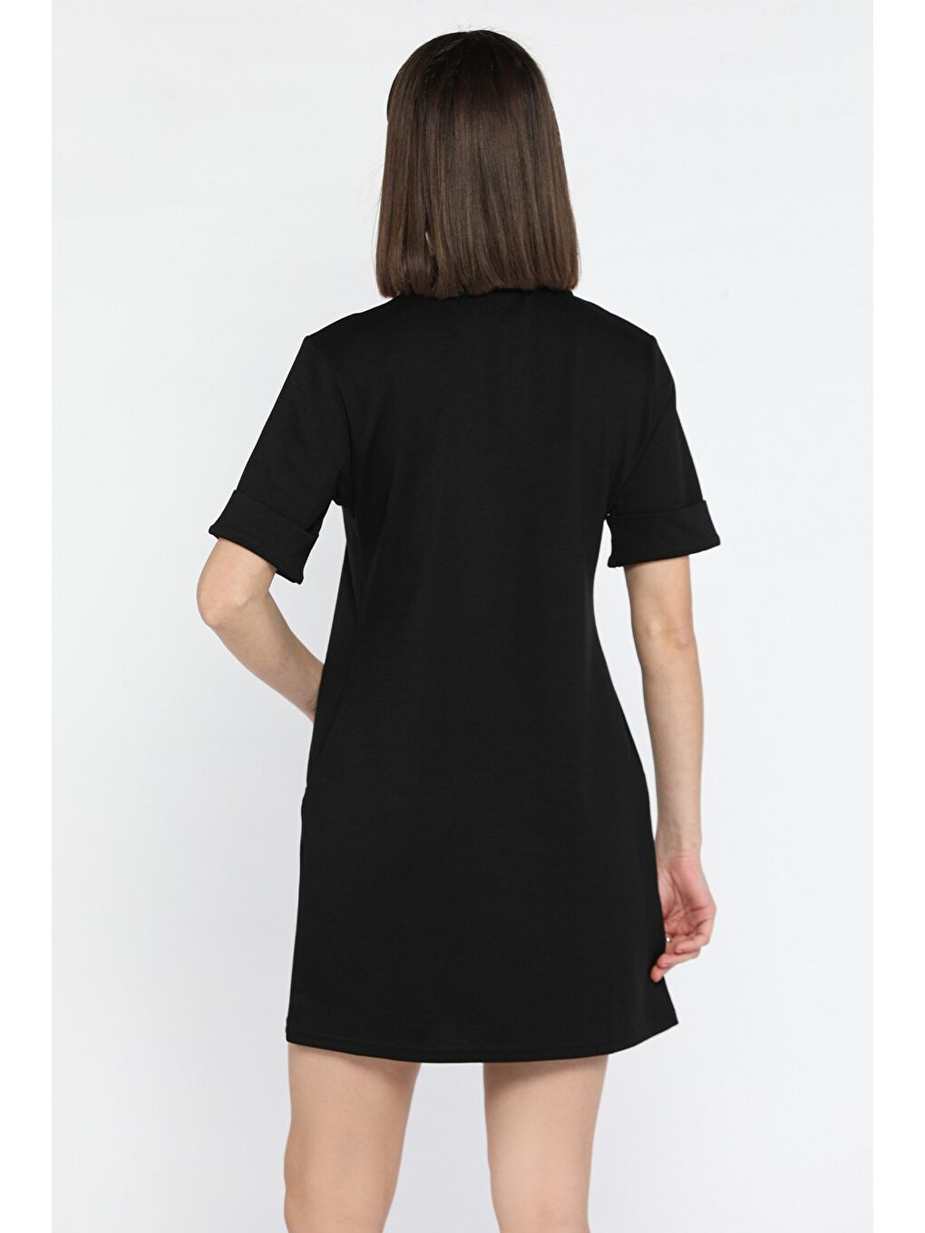 Siyah Polo Yaka Duble Kol Kadın Elbise-2