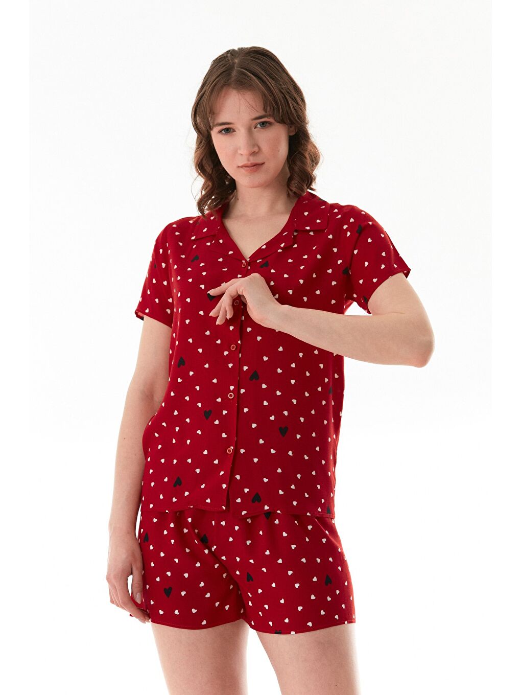 Bordo Donut Desenli Gömlek Yaka Şortlu Pijama Takımı