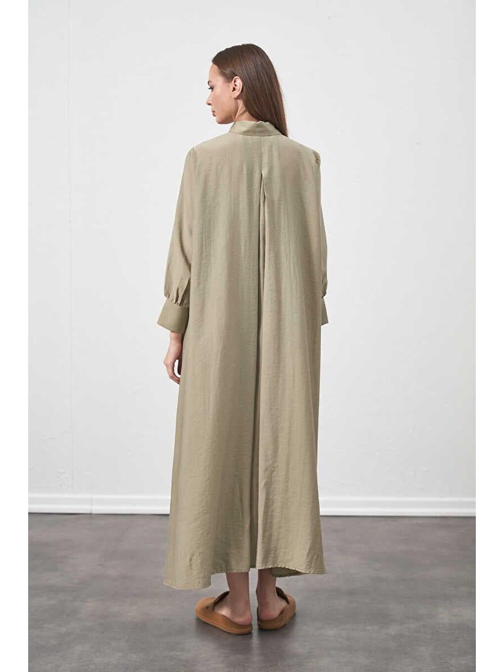 Yeşil A Pile Ekstra Salaş Modal Elbise Çağla-5