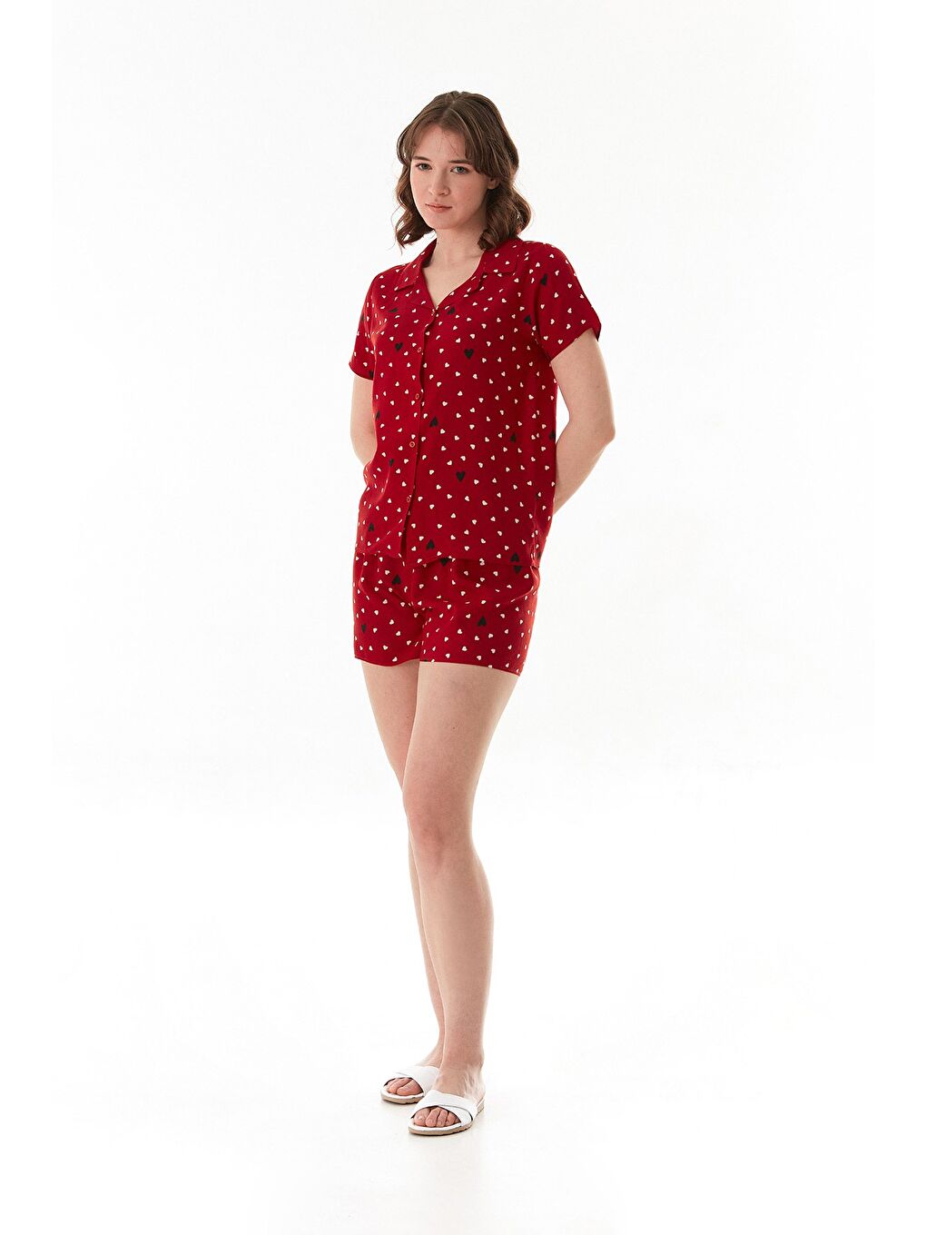 Bordo Donut Desenli Gömlek Yaka Şortlu Pijama Takımı-1