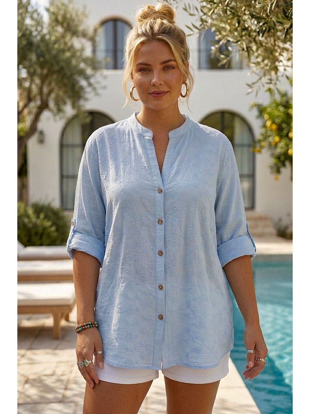 Açık Mavi Hakim Yaka Düğmeli Uzun Kollu Düğmeli Casual Müslin Dokuma Gömlek 75 63