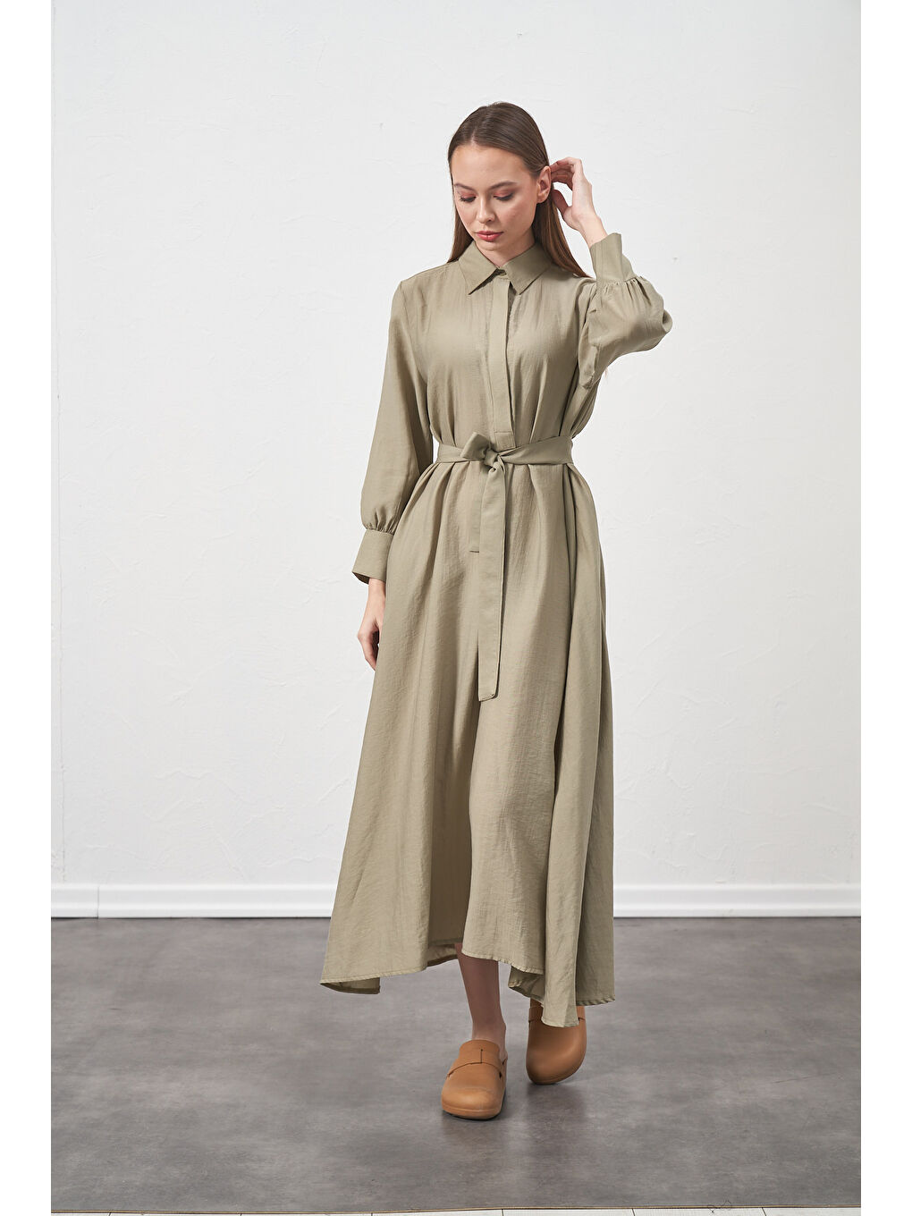 Yeşil A Pile Ekstra Salaş Modal Elbise Çağla-6