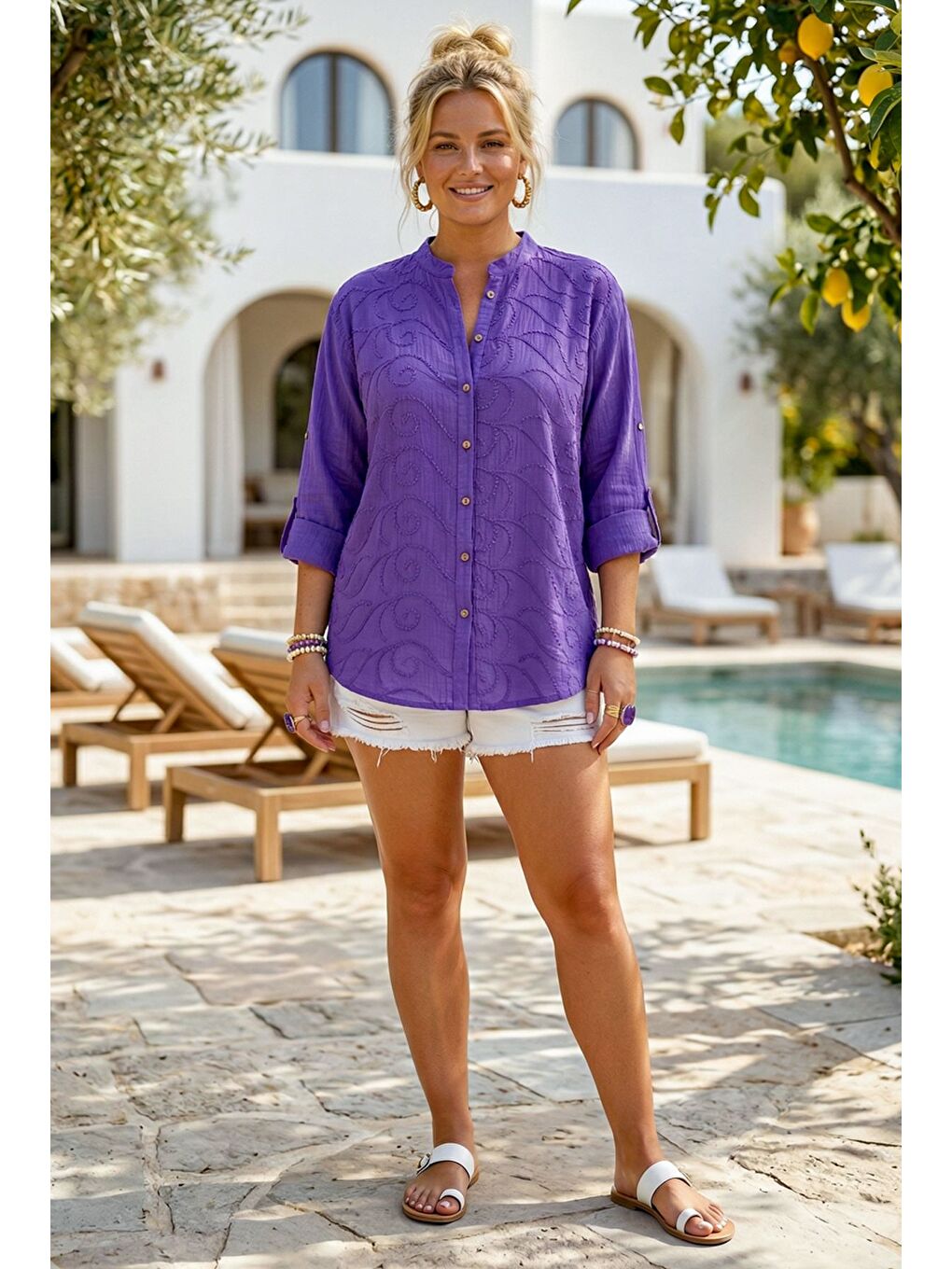 Mor Hakim Yaka Düğmeli Uzun Kollu Düğmeli Casual Müslin Dokuma Gömlek 75 63-3