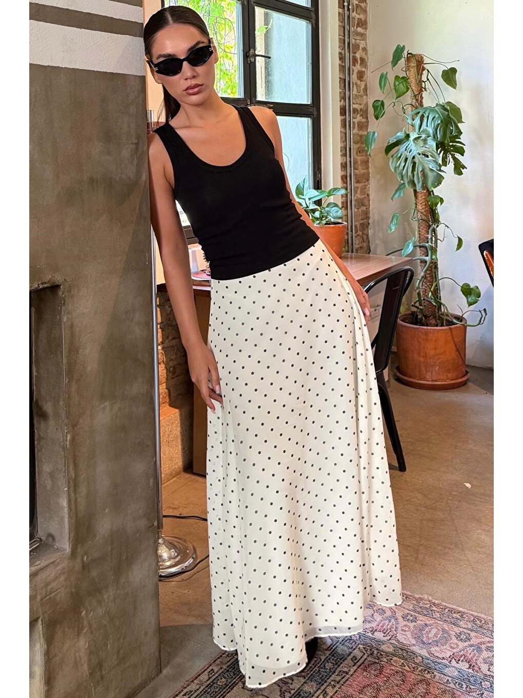 Sarı Minimal Puantiye Desen Şifon Astarlı Etek Mg2821-1