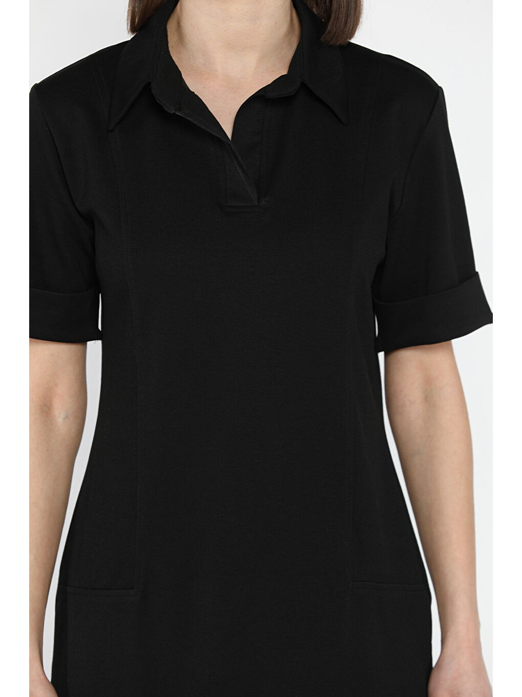 Siyah Polo Yaka Duble Kol Kadın Elbise-3