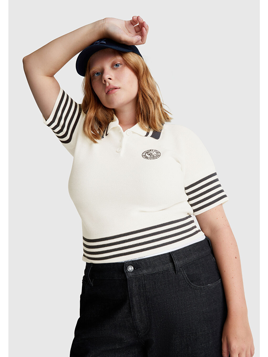 Ekru Kadın Krem %100 Pamuk Polo Yaka Kısa Kollu Kazak-1