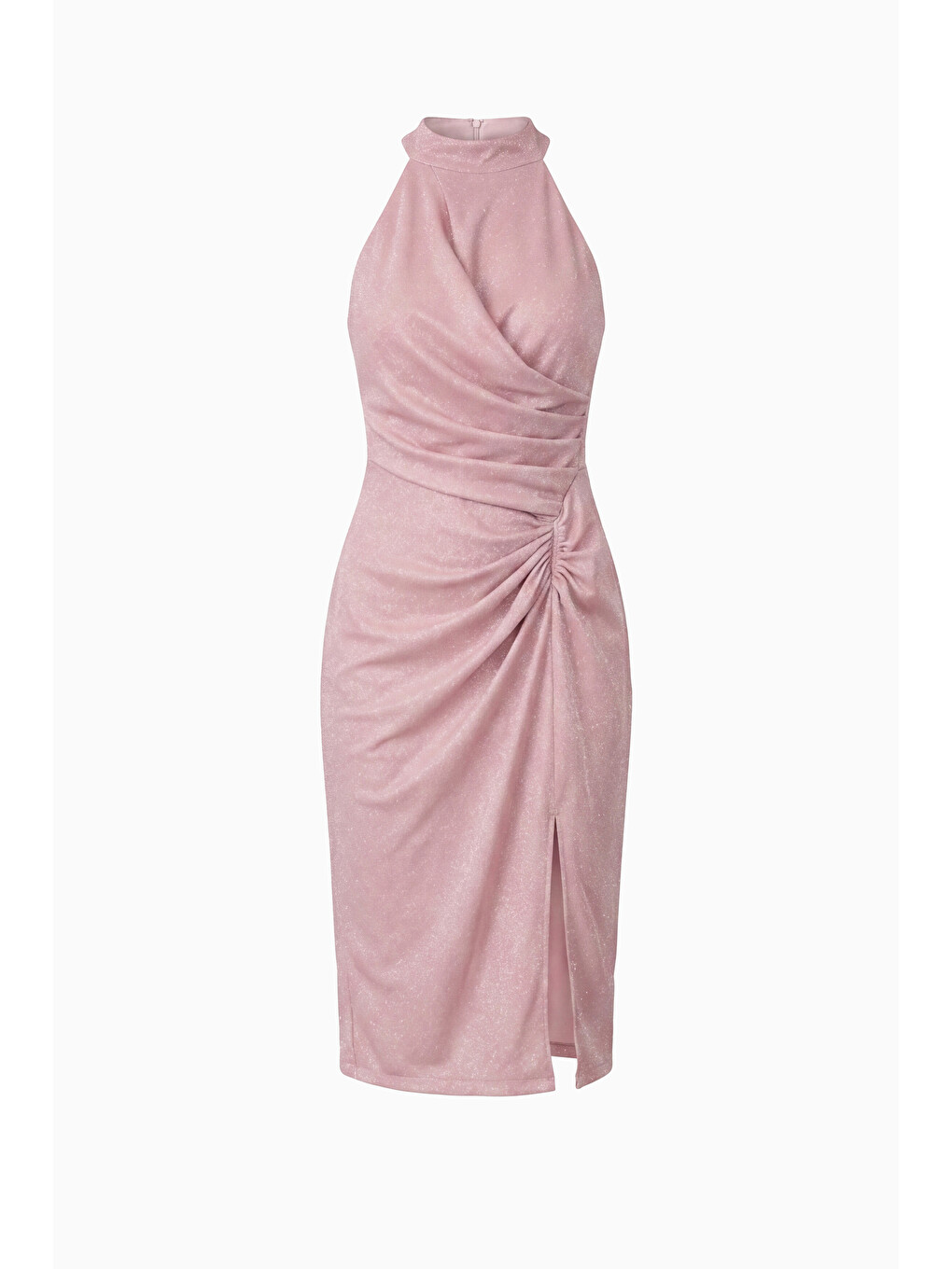 Pembe Kadın Pudra Halter Yaka Yırtmaçlı Midi Simli Abiye Elbise-6