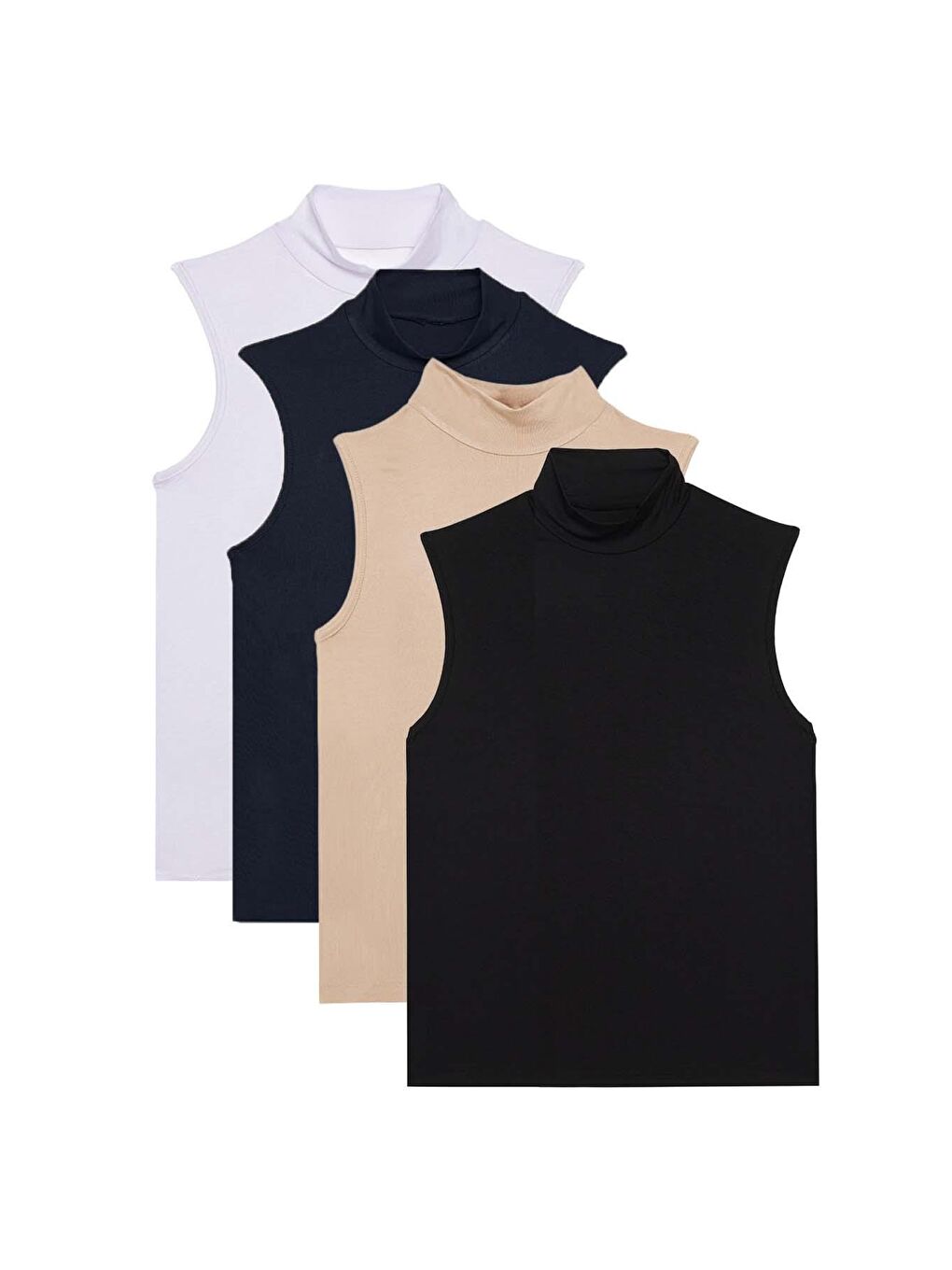 Karışık Kadın 4'Lü Paket Beyaz-Lacivert-Bej-Siyah Regular Fit Viskon Kumaş Balıkçı Yaka Sıfır Kol Bluz