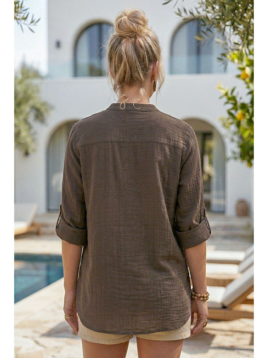Kahverengi Hakim Yaka Düğmeli Uzun Kollu Düğmeli Casual Müslin Dokuma Gömlek 75 63-4