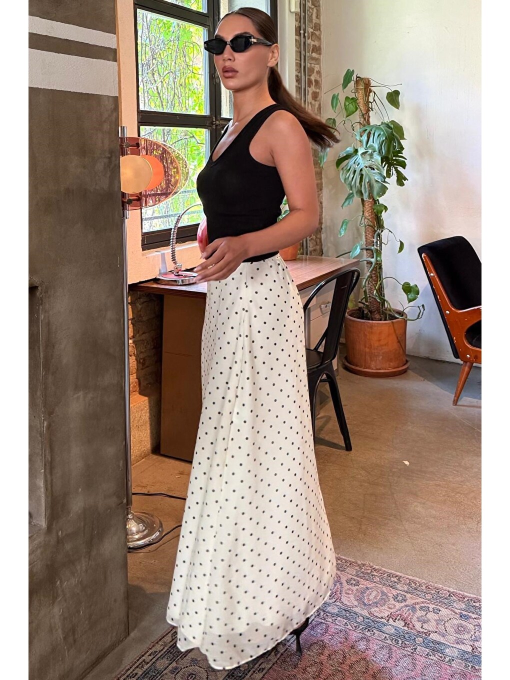 Sarı Minimal Puantiye Desen Şifon Astarlı Etek Mg2821-7