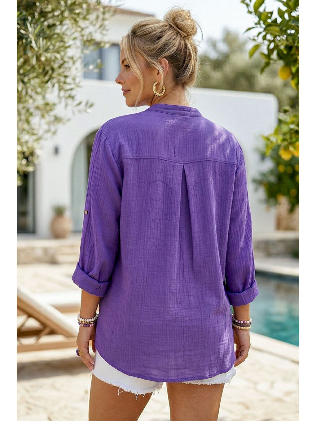 Mor Hakim Yaka Düğmeli Uzun Kollu Düğmeli Casual Müslin Dokuma Gömlek 75 63-4