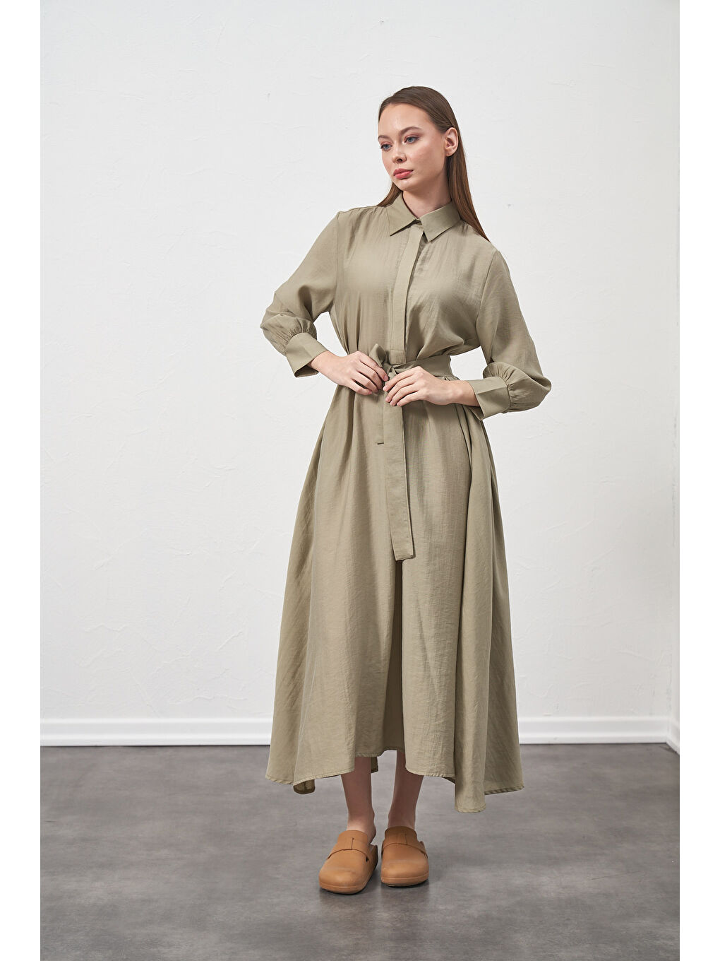 Yeşil A Pile Ekstra Salaş Modal Elbise Çağla-7