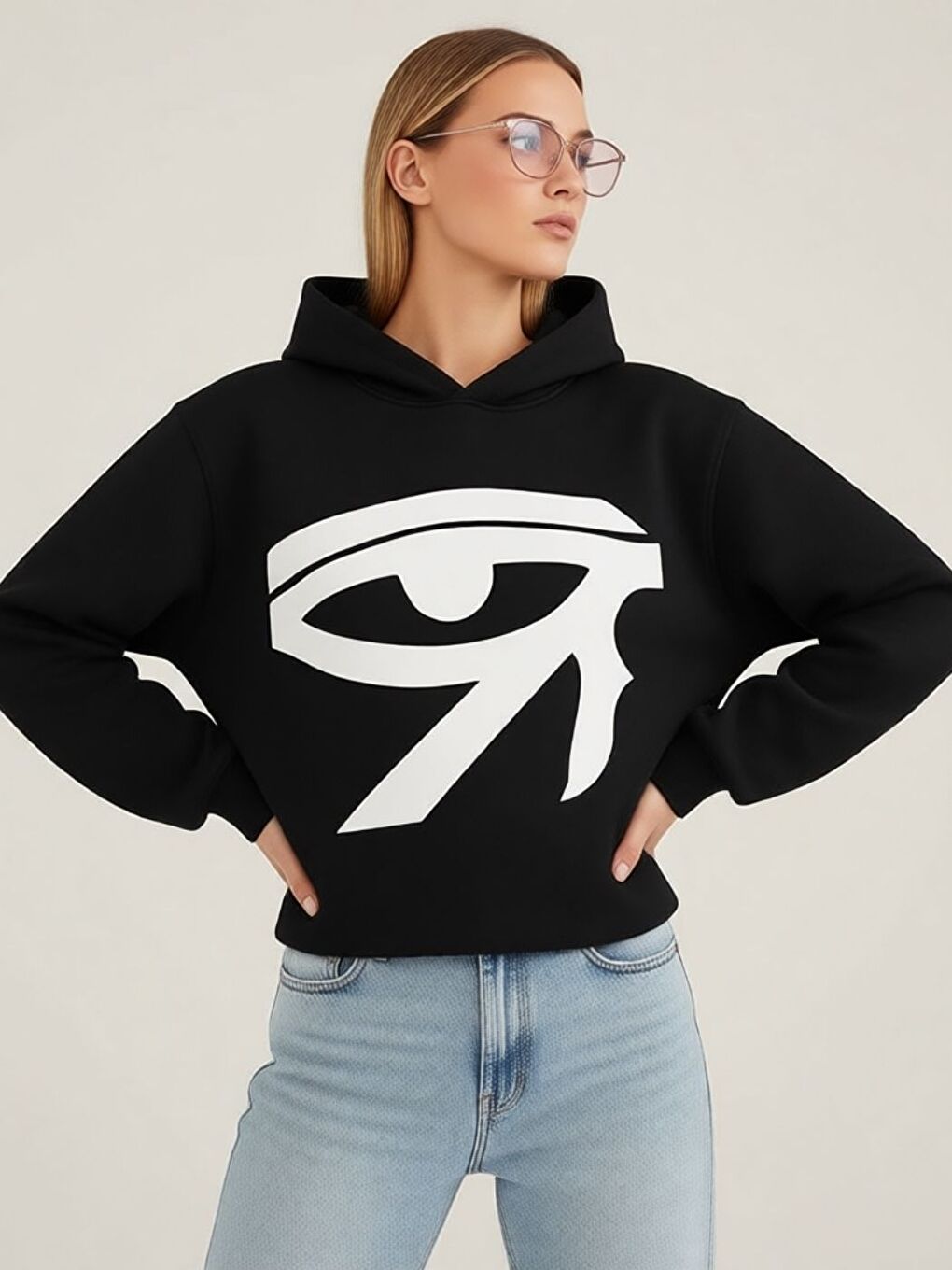 Unisex Kadın Erkek Oversize GÖZ logo Özel Tasarım Baskılı Kapüşonlu Sweatshirt Siyah
