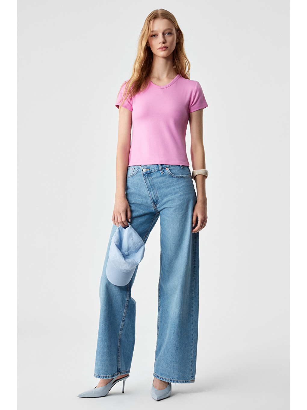 Masroutı Kadın Slim Kısa V Yaka Kısa Kol Pembe T-shirt-1