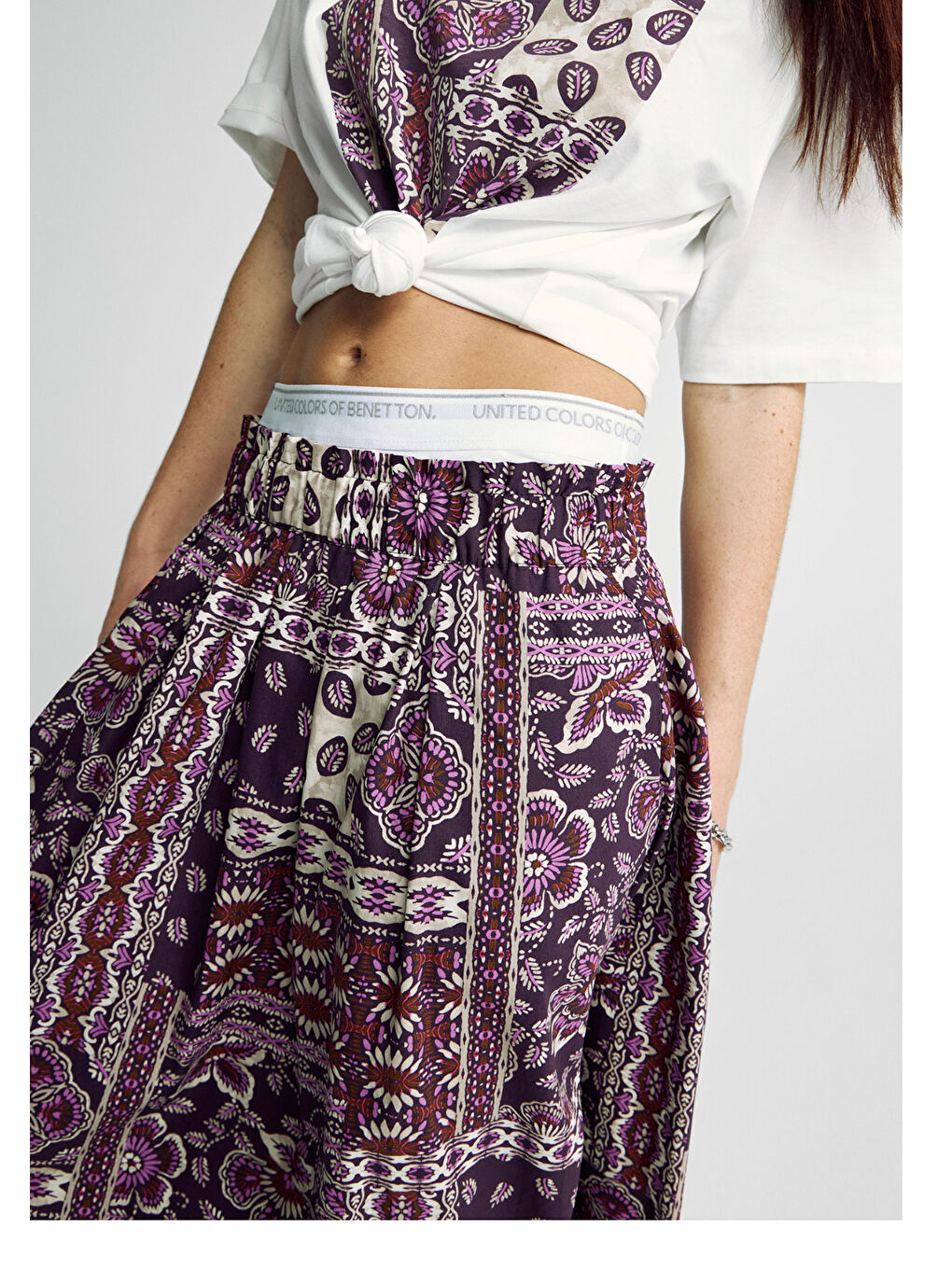 Kadın Bordo %100 Pamuk Desenli Beli Lastikli Cepli Poplin Etek-4