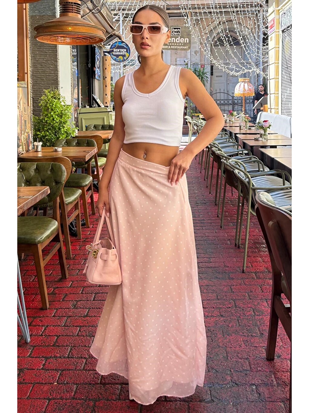 Pembe Minimal Puantiye Desen Şifon Astarlı Etek Mg2821-1