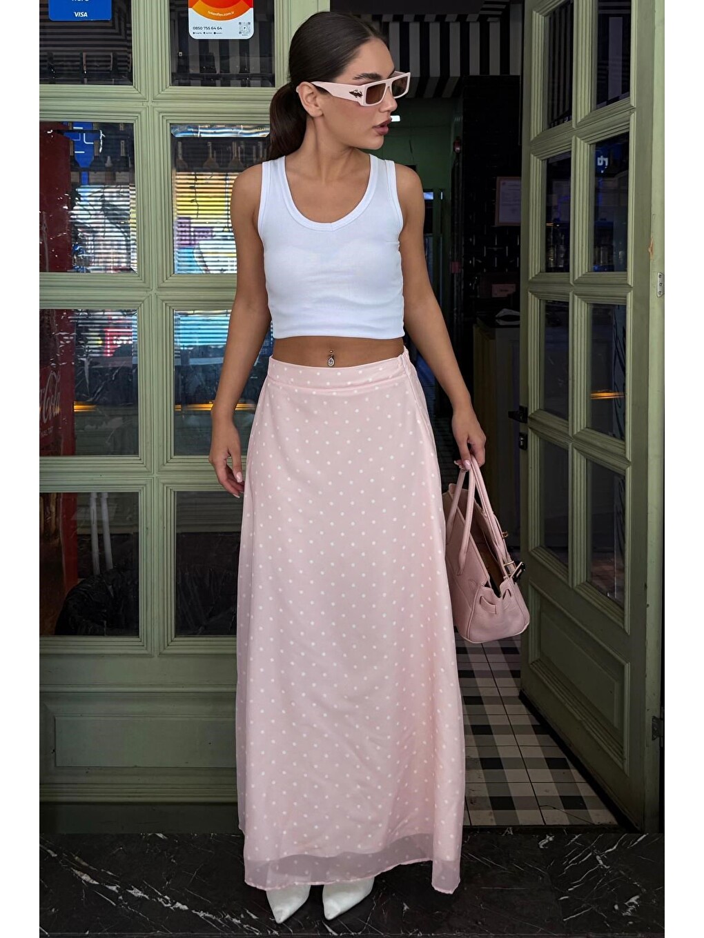 Pembe Minimal Puantiye Desen Şifon Astarlı Etek Mg2821-2