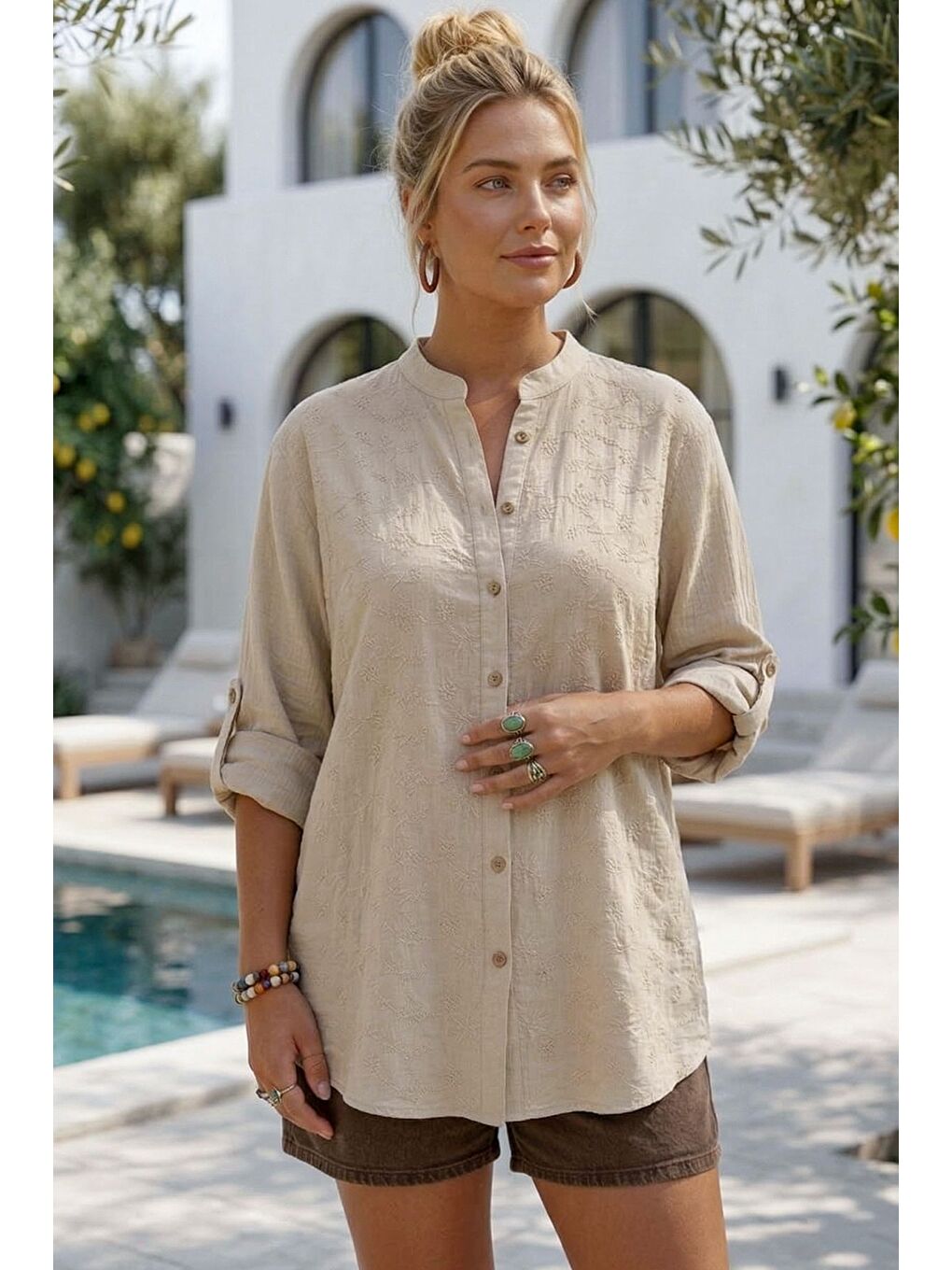 Bej Hakim Yaka Düğmeli Uzun Kollu Düğmeli Casual Müslin Dokuma Gömlek 75 63-3