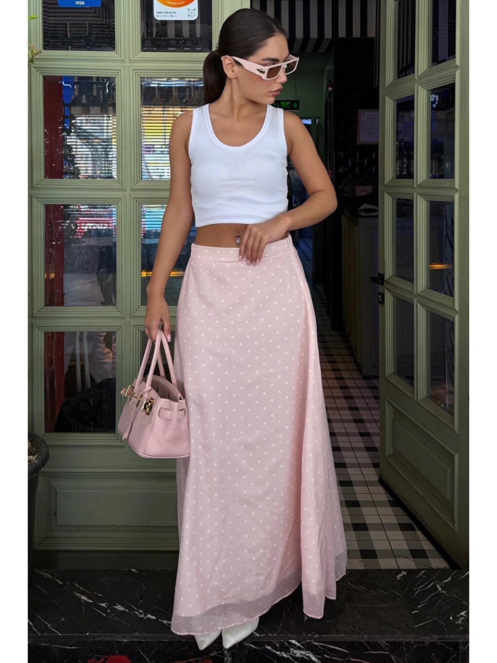 Pembe Minimal Puantiye Desen Şifon Astarlı Etek Mg2821-3
