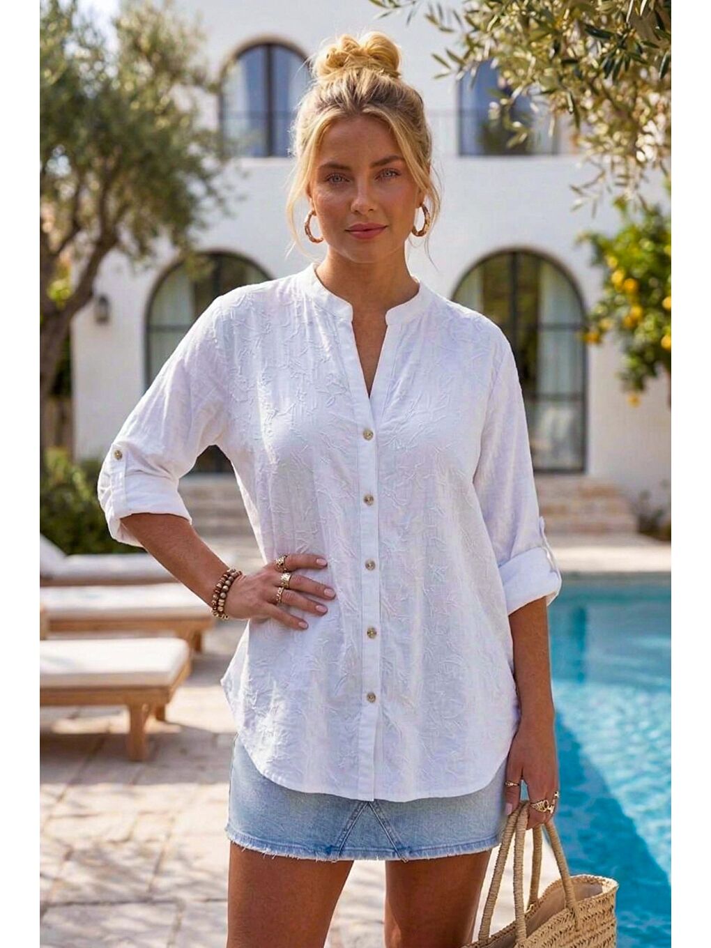 Beyaz Hakim Yaka Düğmeli Uzun Kollu Düğmeli Casual Müslin Dokuma Gömlek 75 63-2