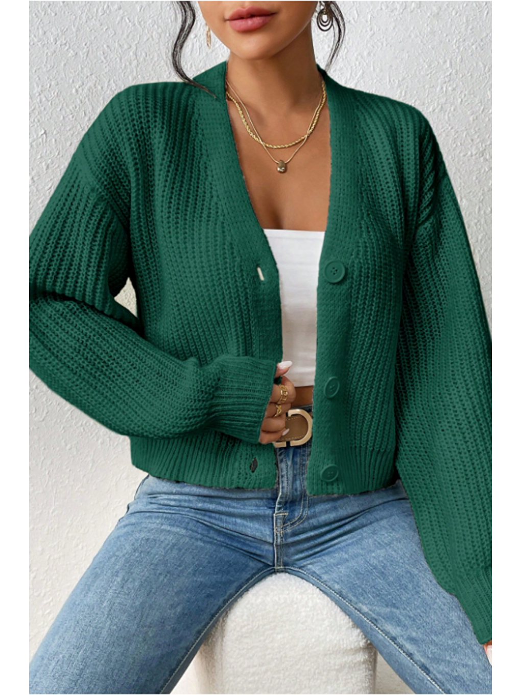 Kadın Yeşil V Yaka  Uzun Kollu Düğmeli Triko Hırka-2