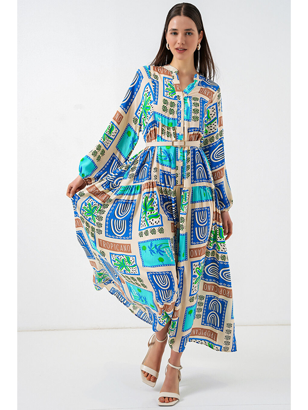 Kadın Desenli Uzun Tesettür Elbise 2585 - A. Turkuaz