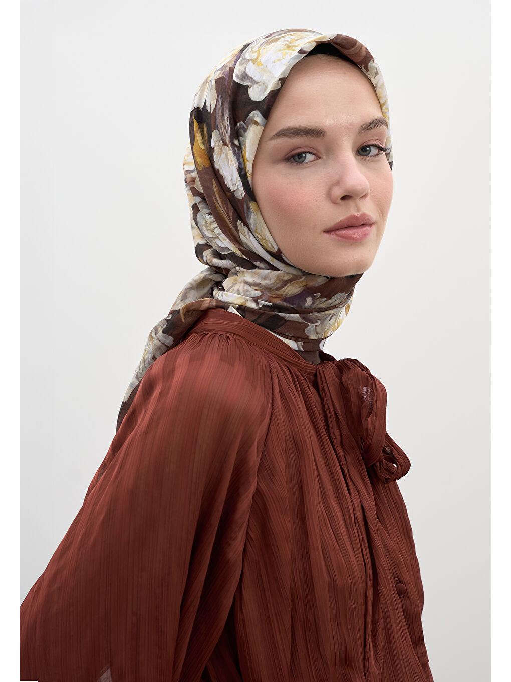 Kahverengi LOTUS DESEN PAMUKLU VİSKON EŞARP SICAK KAHVE-1