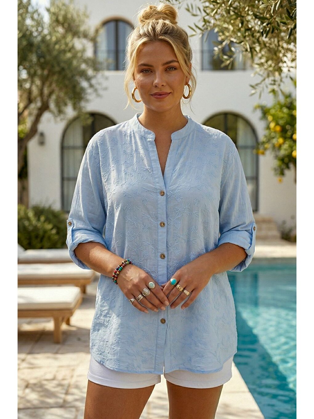 Açık Mavi Hakim Yaka Düğmeli Uzun Kollu Düğmeli Casual Müslin Dokuma Gömlek 75 63-2