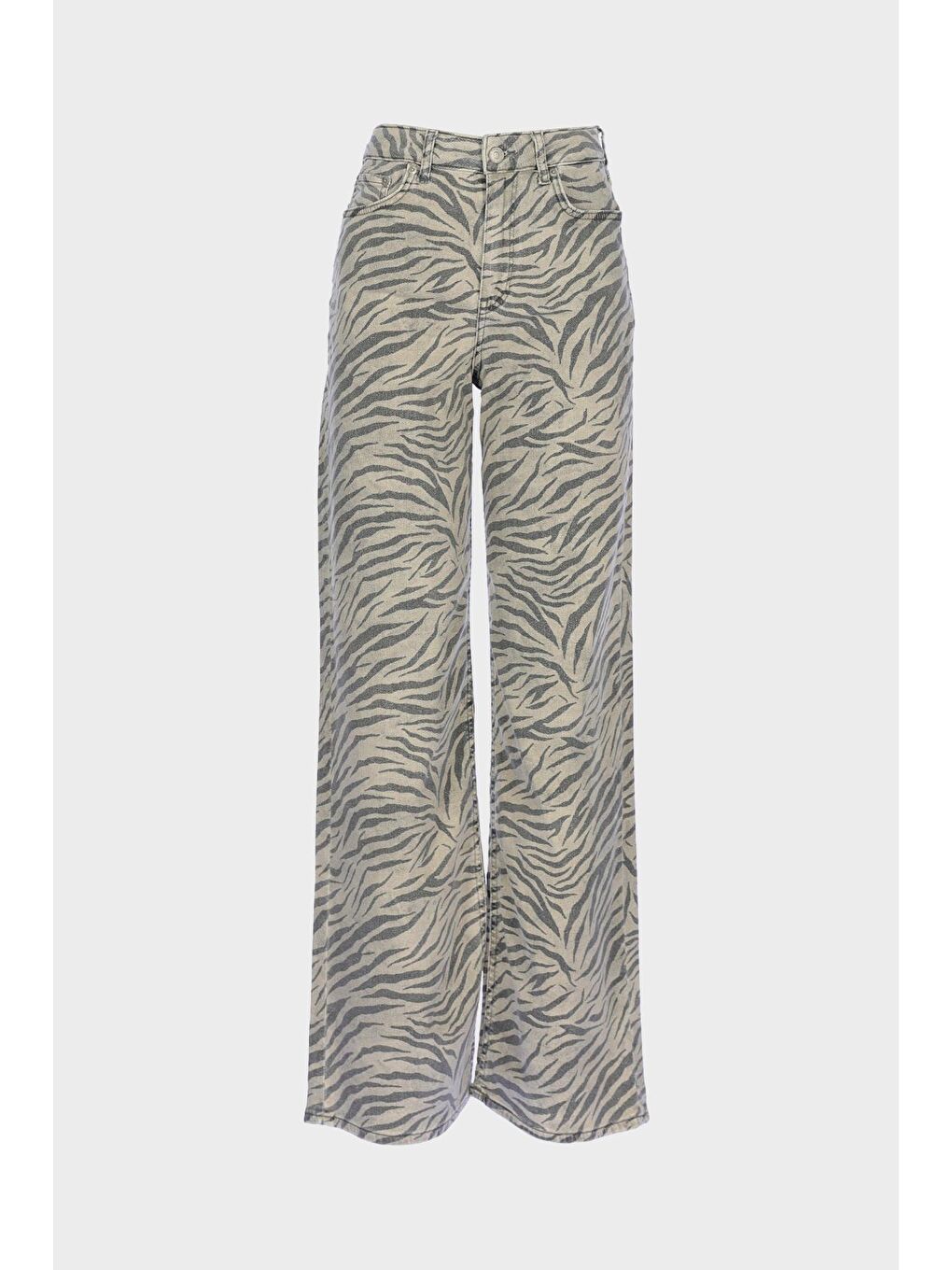 Gri Weslie Zebra Desenli Yüksek Bel Fermuarlı Wideleg Jean Pantolon C 4530-216