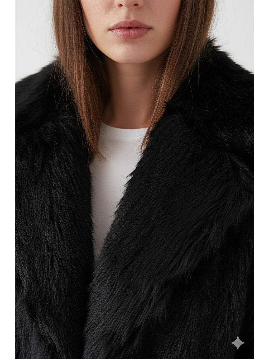 Kadın Siyah Kemer Detaylı Astarlı Pelüş Kürk Mont HZL25W-BD191561-3