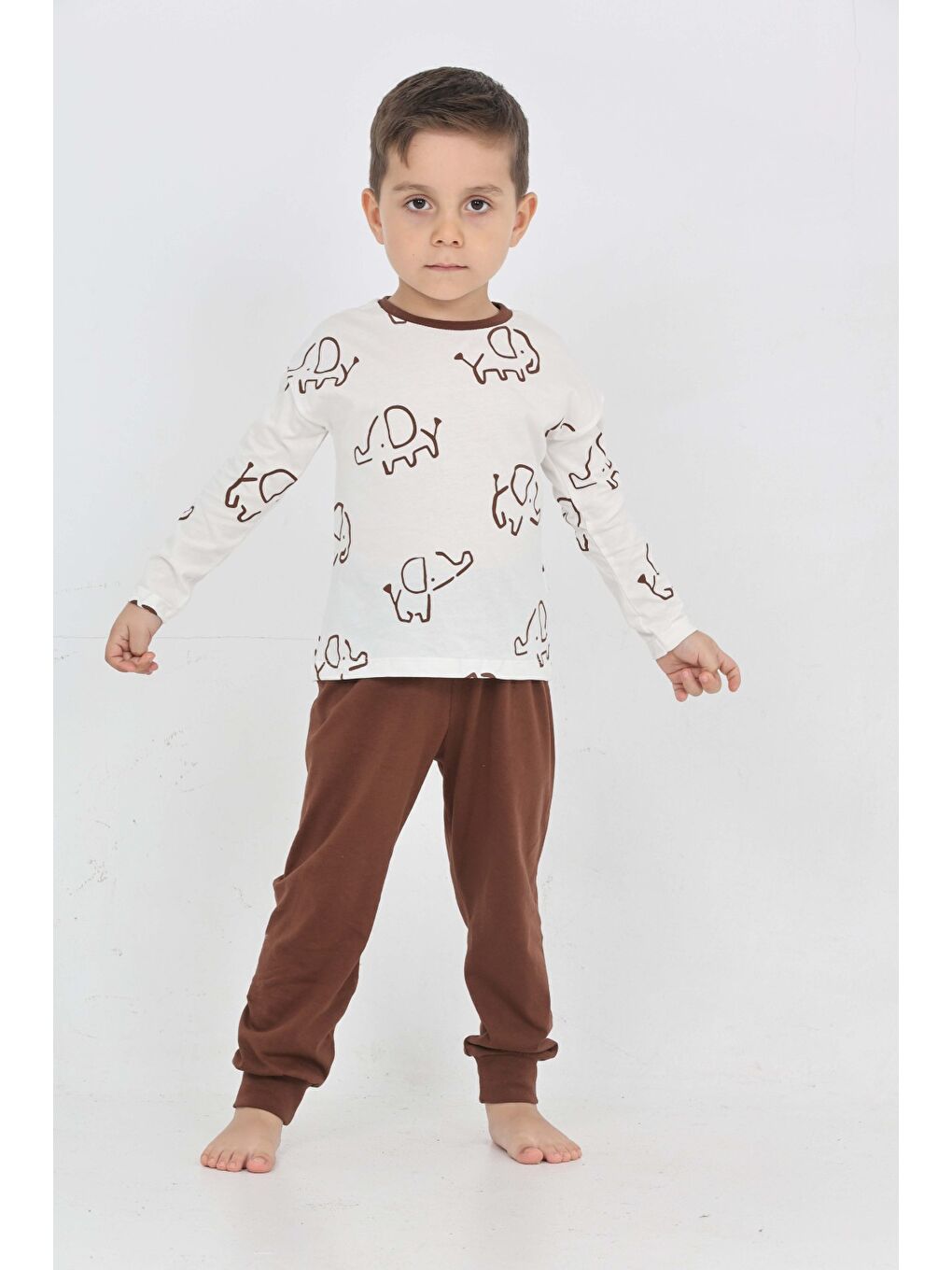 Kahverengi Erkek Çocuk Fil Pano Baskılı Pijama Takım-1