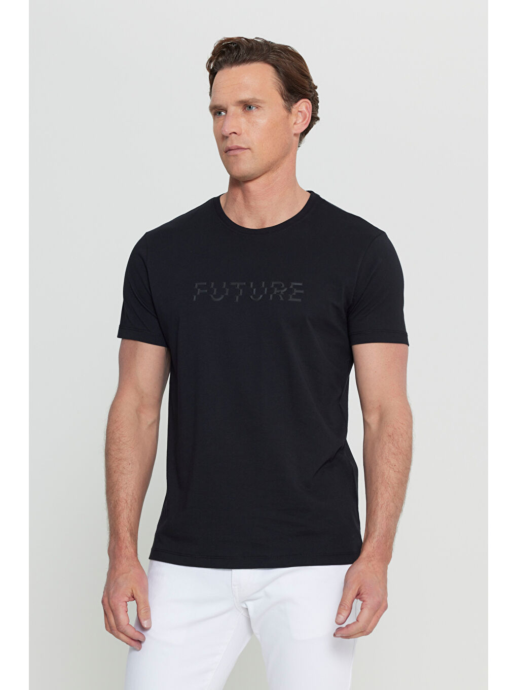 Erkek Siyah Pamuklu Slim Fit Dar Kesim Bisiklet Yaka Baskılı Esnek Tişört