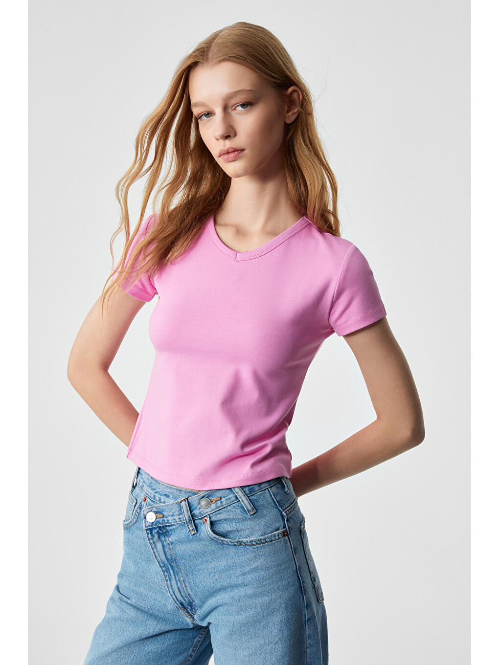 Masroutı Kadın Slim Kısa V Yaka Kısa Kol Pembe T-shirt-2