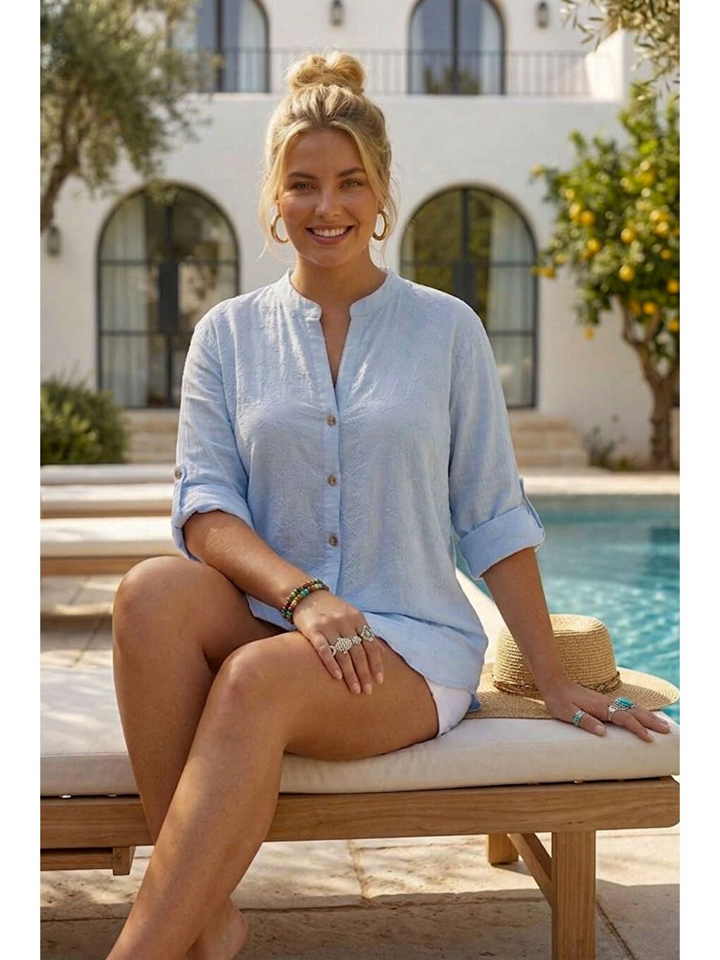 Açık Mavi Hakim Yaka Düğmeli Uzun Kollu Düğmeli Casual Müslin Dokuma Gömlek 75 63-3