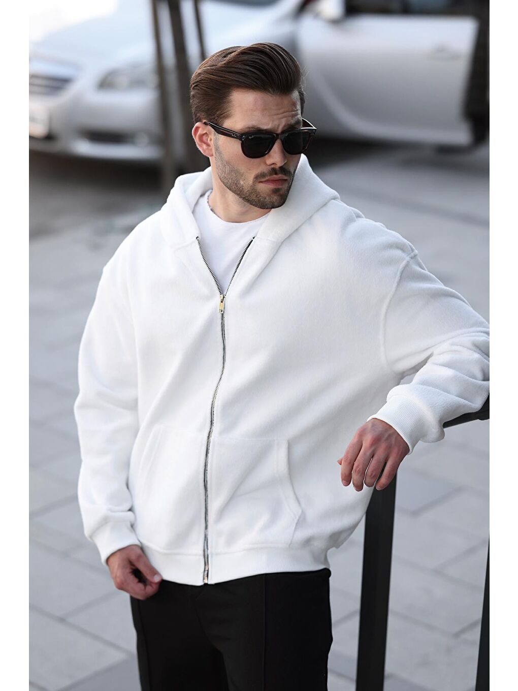 Ekru Kapüşonlu Erkek Polar Hırka E7168-1