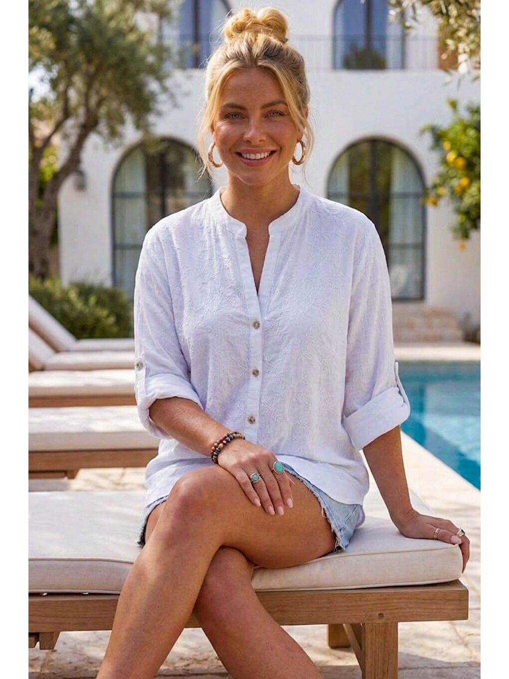 Beyaz Hakim Yaka Düğmeli Uzun Kollu Düğmeli Casual Müslin Dokuma Gömlek 75 63-3