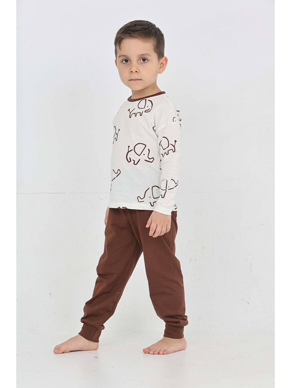 Kahverengi Erkek Çocuk Fil Pano Baskılı Pijama Takım-2