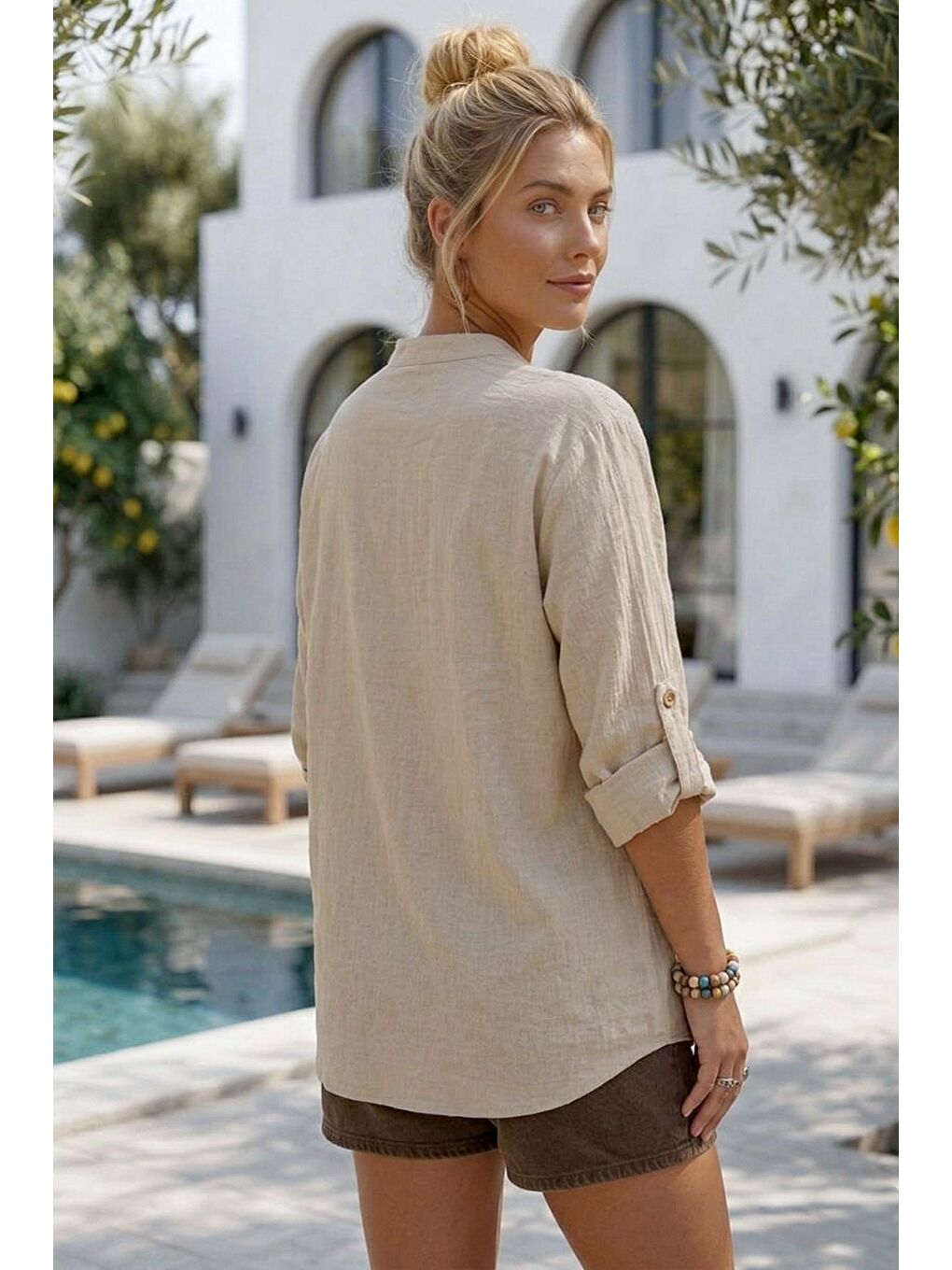 Bej Hakim Yaka Düğmeli Uzun Kollu Düğmeli Casual Müslin Dokuma Gömlek 75 63-5