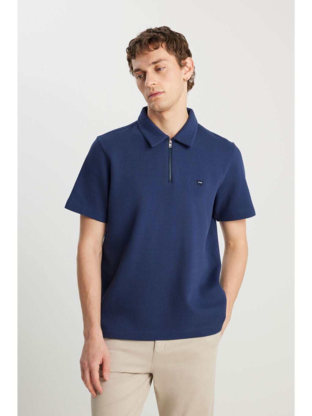 %100 Pamuk Regular Fit Normal Kesim Fermuar Detaylı Lacivert Polo Tişört-1