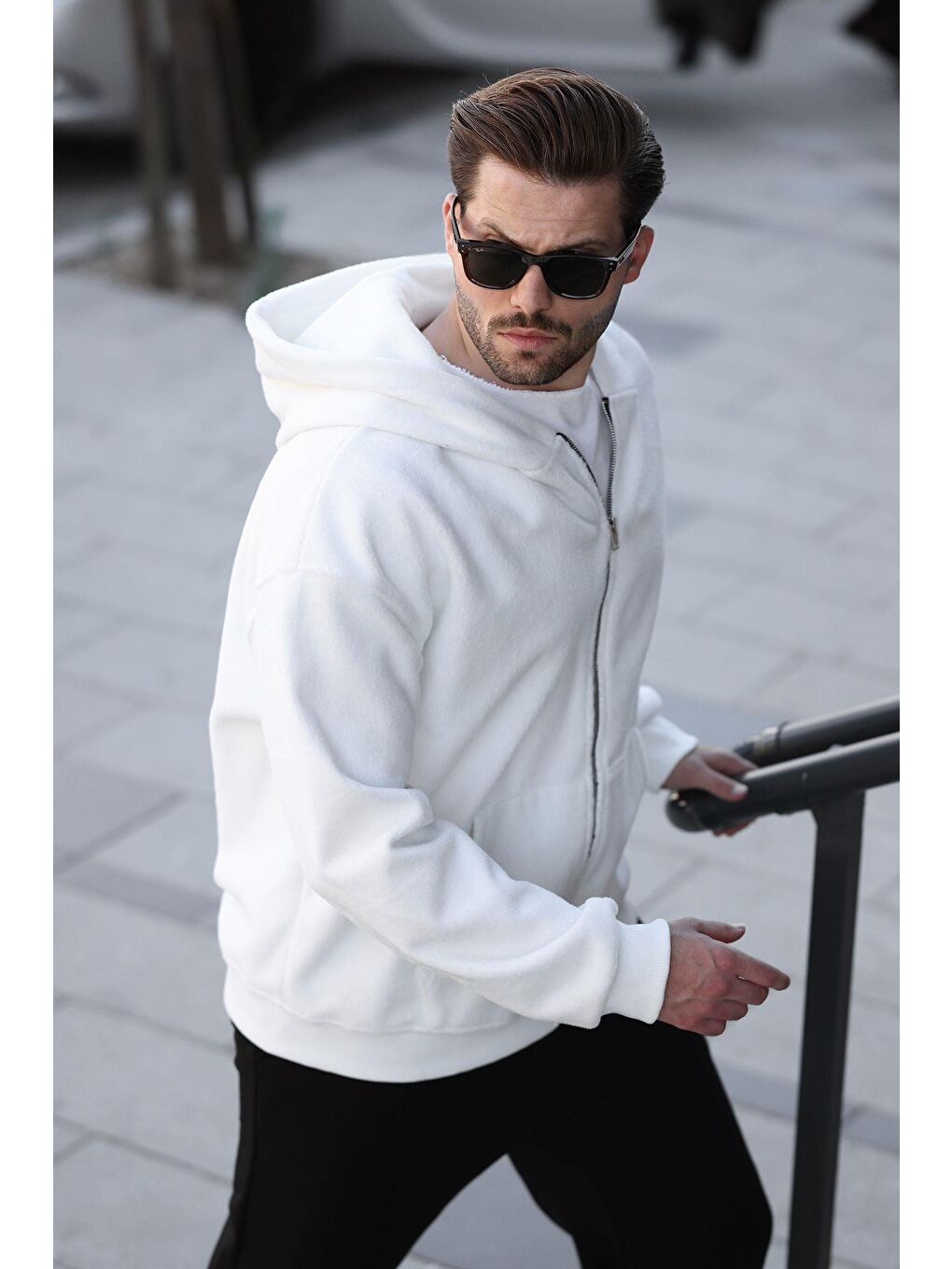 Ekru Kapüşonlu Erkek Polar Hırka E7168-2